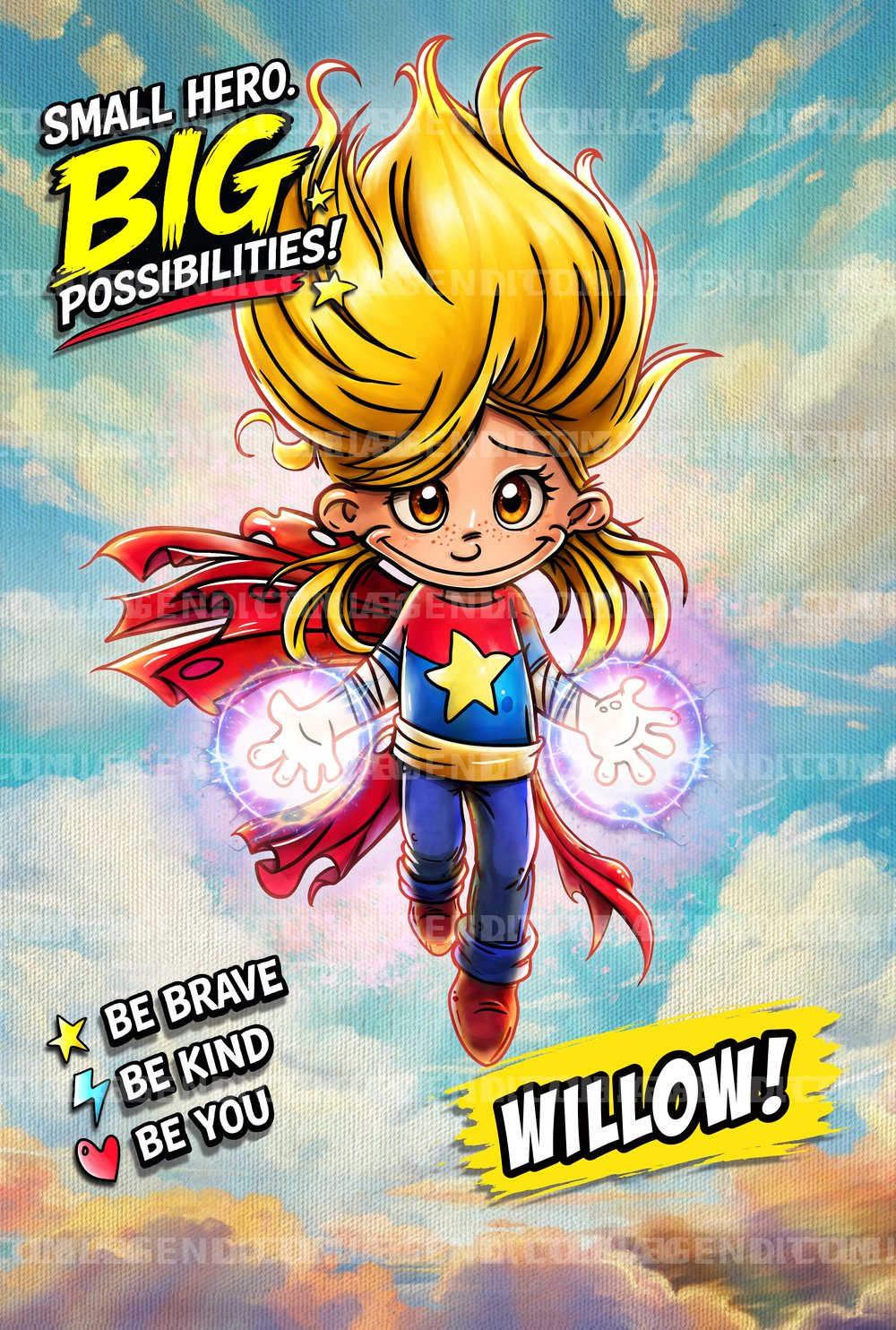 Little Hero personalised poster with hand-drawn character matching your child's skin tone and hair colour